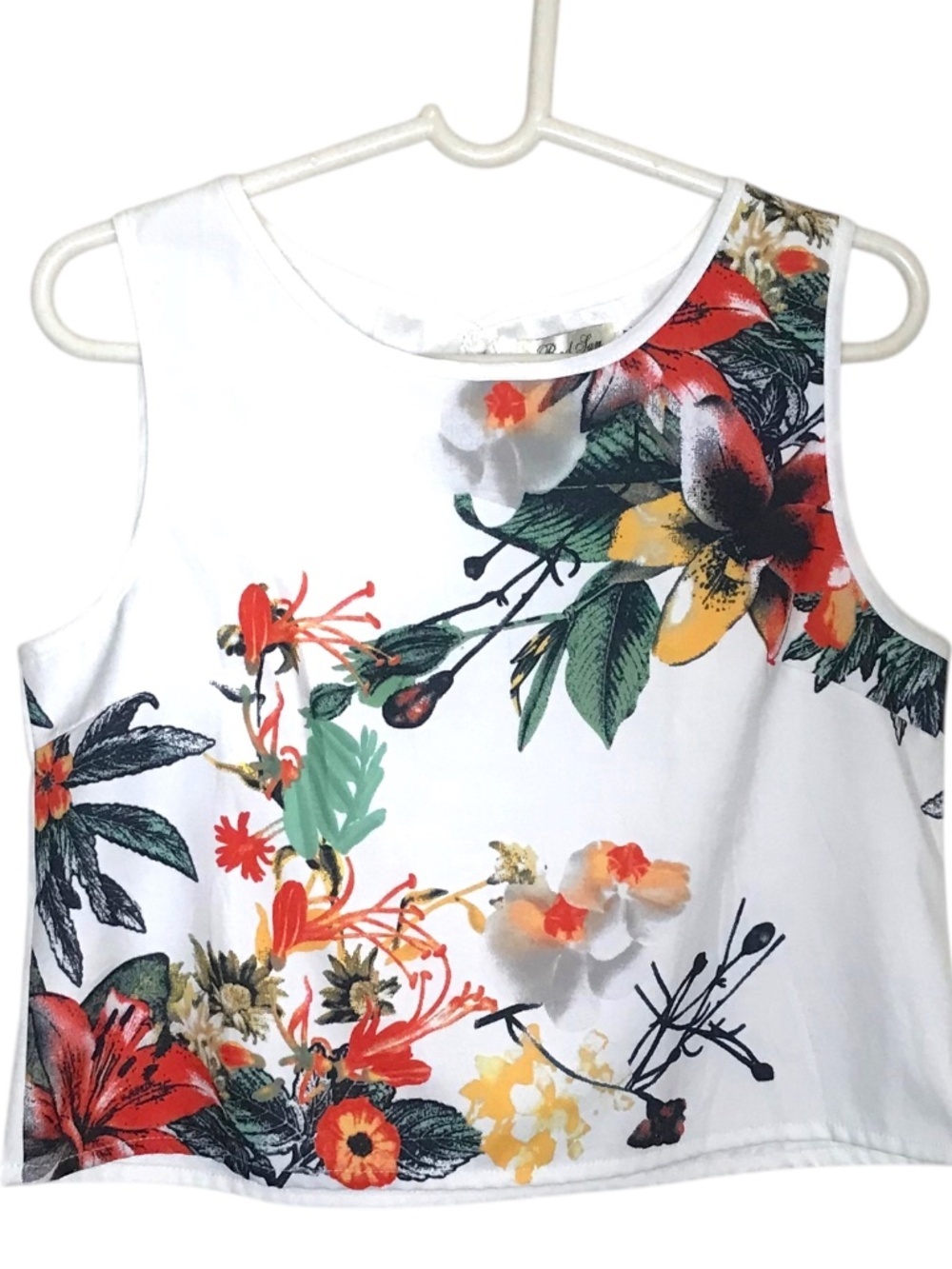 Floral Sleeveless Top Women Medium White Tropical Print Crop Tank M/L
